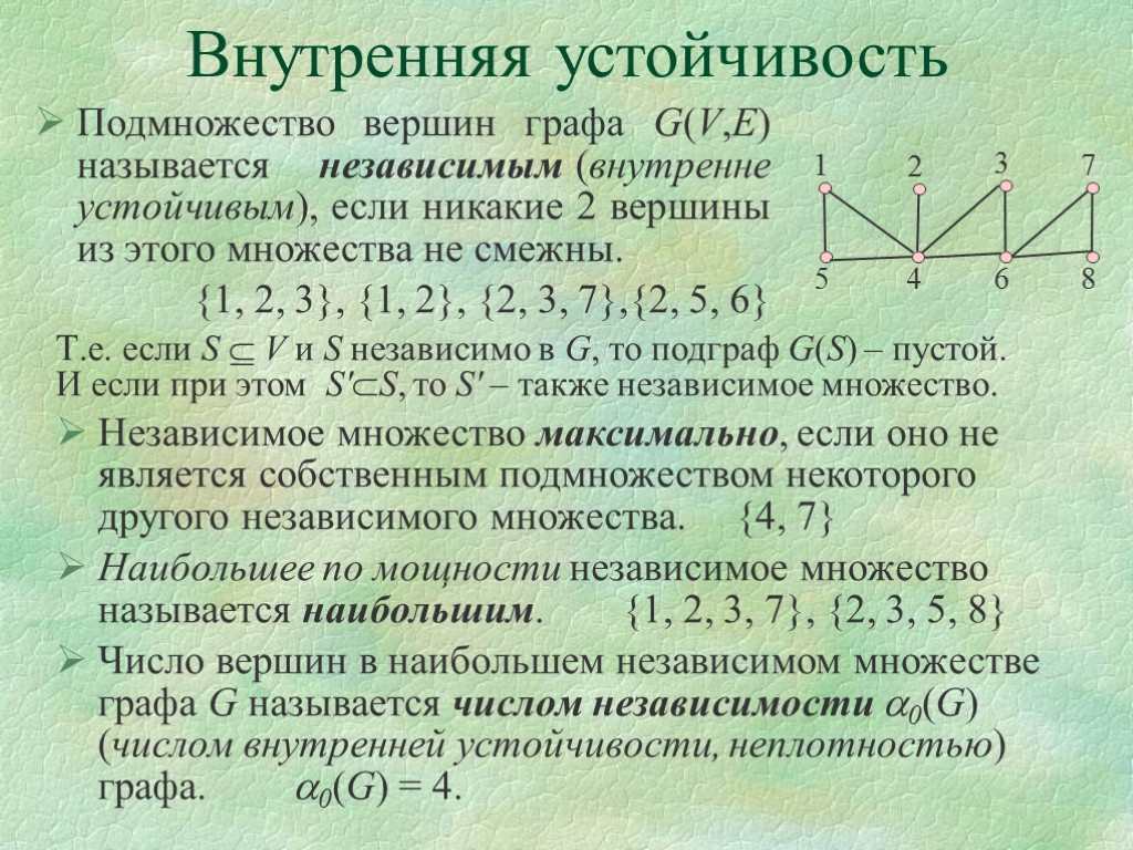 Внутренняя устойчивость Подмножество вершин графа G(V,E) называется независимым (внутренне устойчивым), если никакие 2 вершины